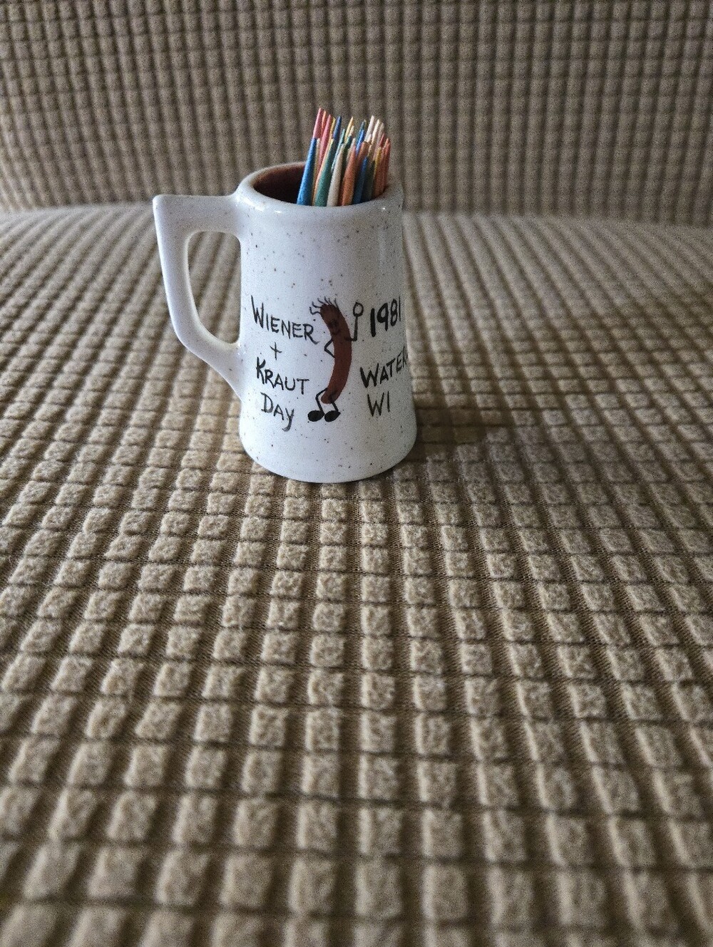 White Speckled Ceramic Mini Stein with Handle and Novelty Sausage Graphic